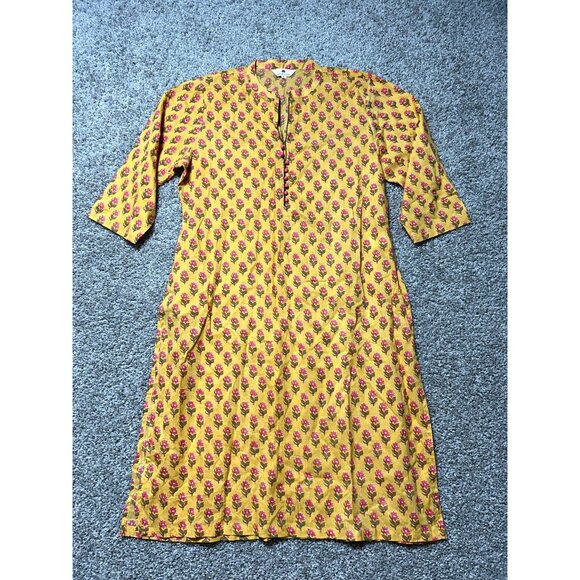 Meesan Womens Sz XL Yellow Floral Print Knee-Length Cotton Kurta With 3/4 Sleeve - Picture 2 of 10